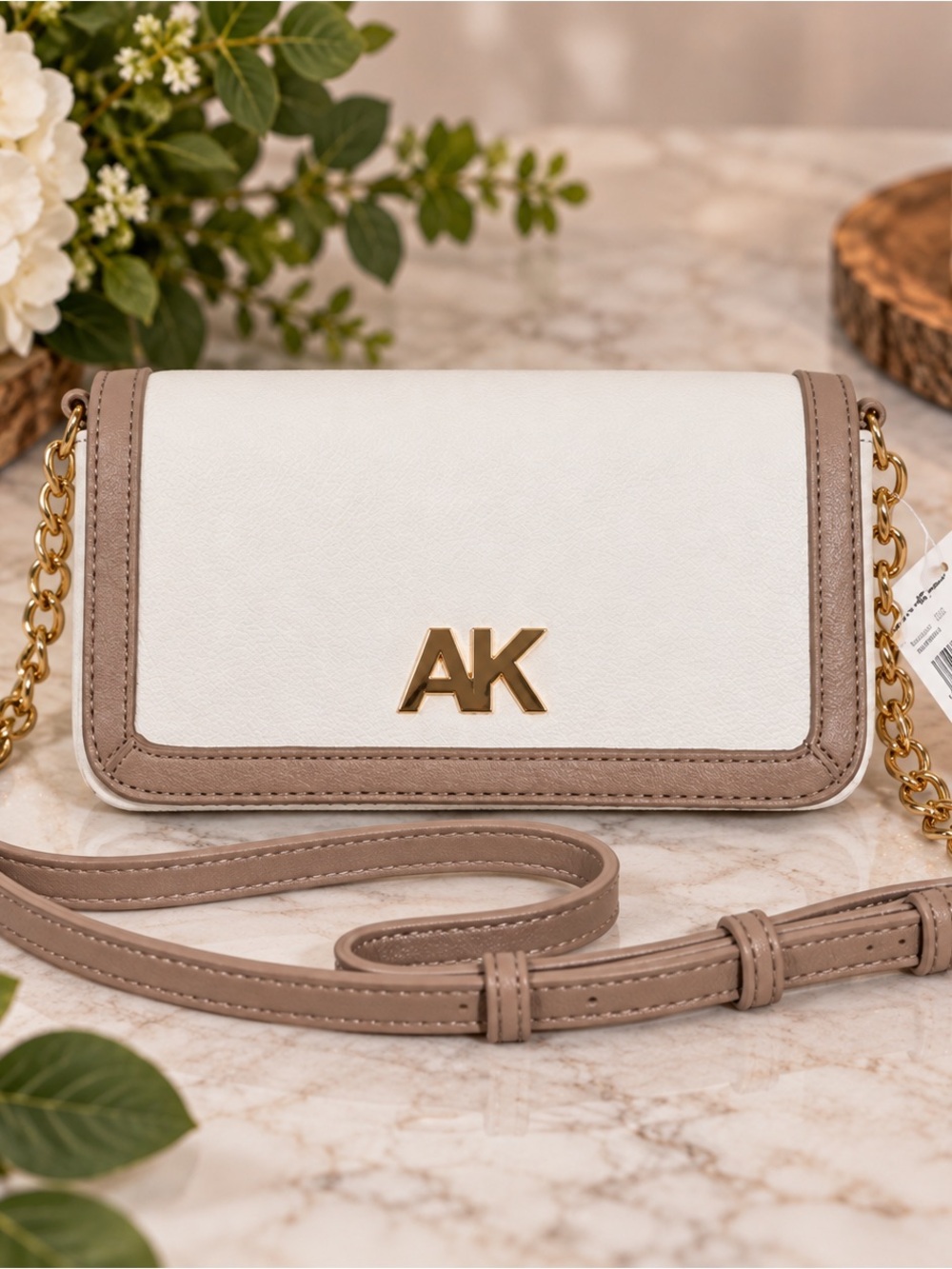 Anne Klein Crossbody Bag – White & Taupe with Gold Chain | New With Tags